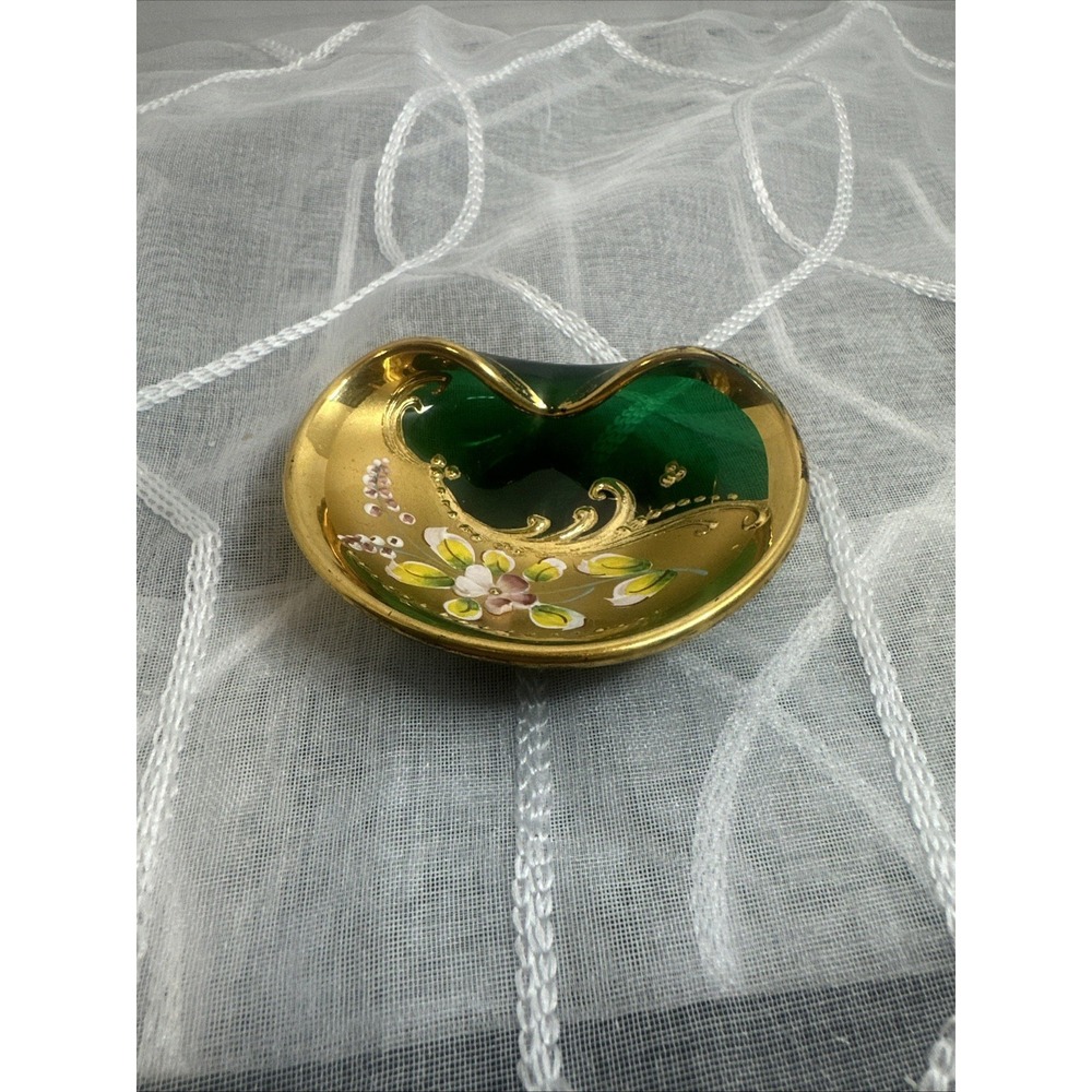 Elegant Venetian Glass Curved Pin Dish, Green with Gold Tone and Raised Flowers